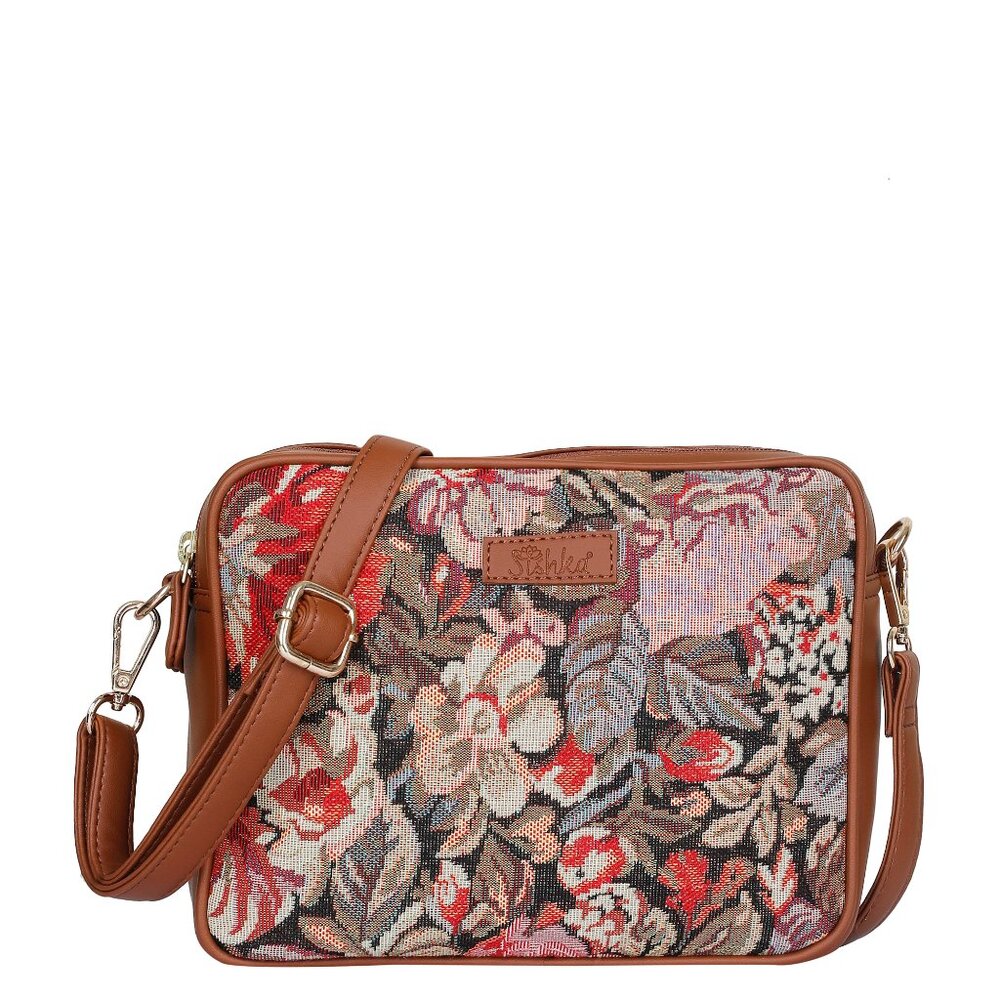 Ladies’ Floral Tapestry Shoulder Sling Bag | Vegan Leather-Trim Messenger Purse